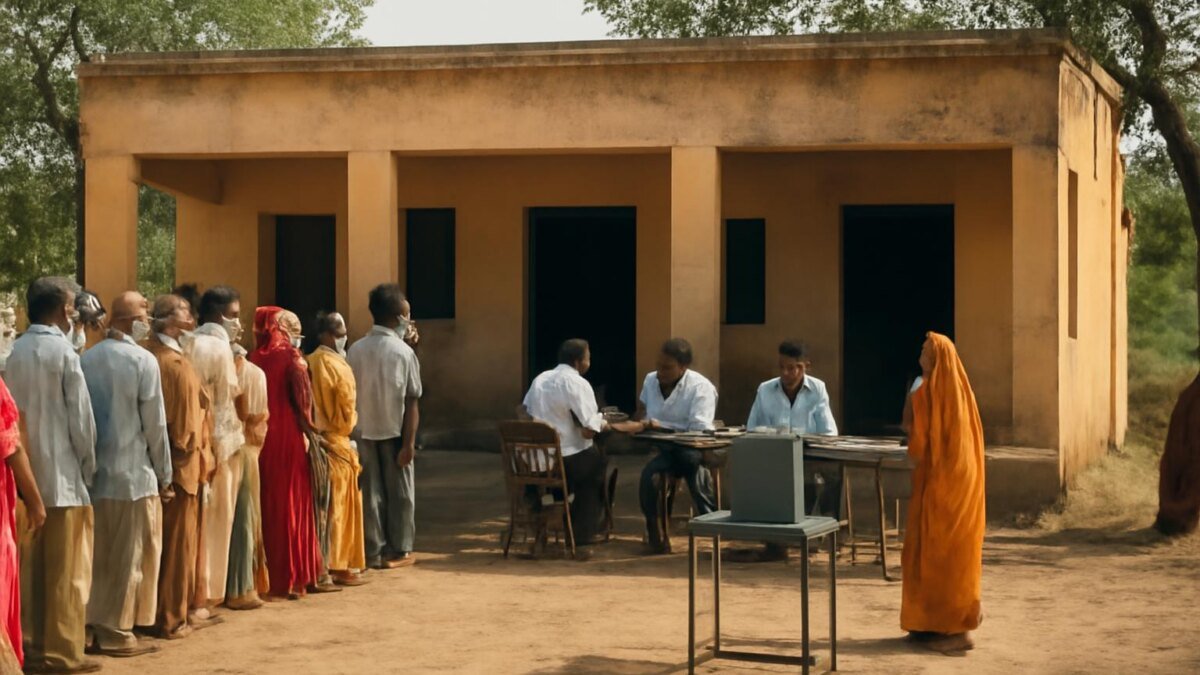 Voters in line at a rural Rajasthan polling station with ballot boxes visible