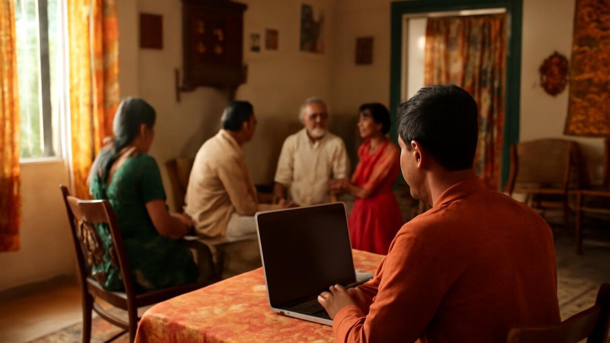 Family members in an Indian home, with one person working on a laptop, sunlight through the window.