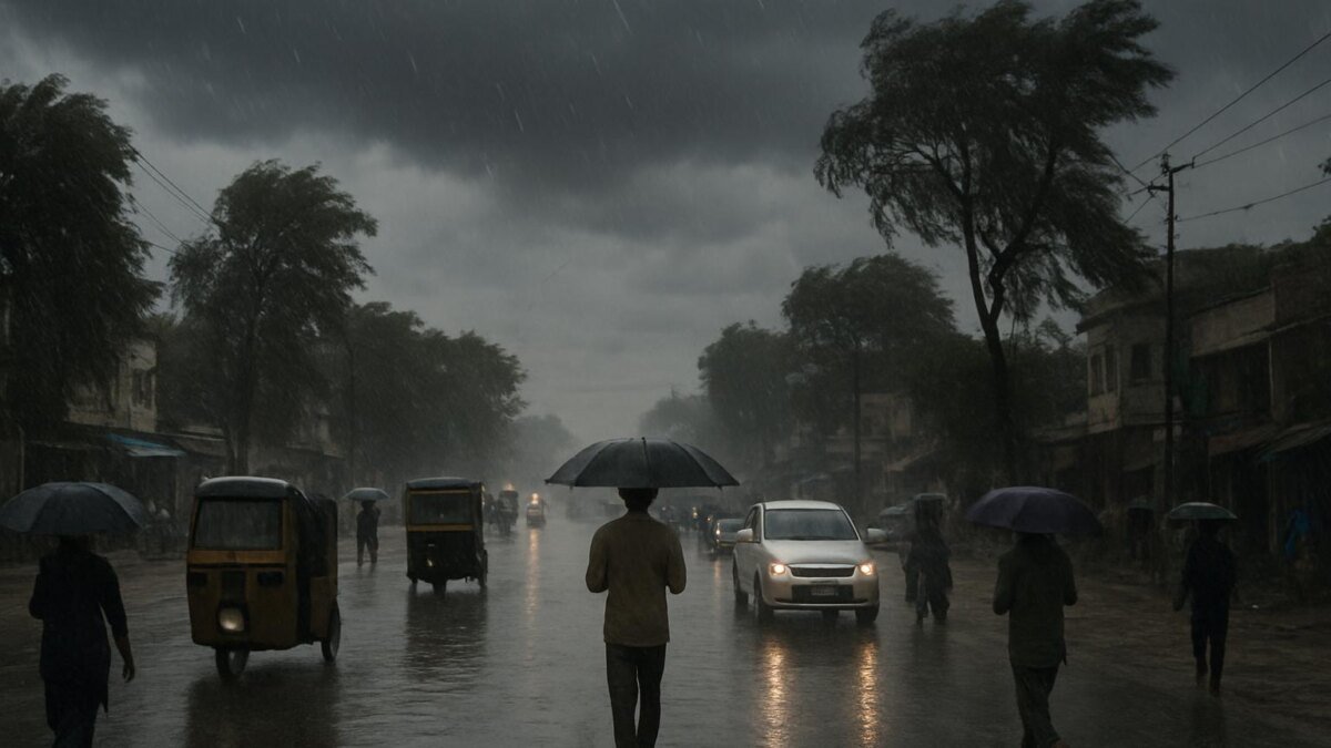 Rainy street scene in Haryana with dark clouds and strong winds